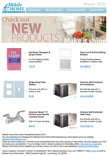 Mobile Home Parts Store - Sample Email Newsletter