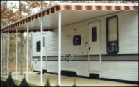 RV With A Awning Covering The Deck.