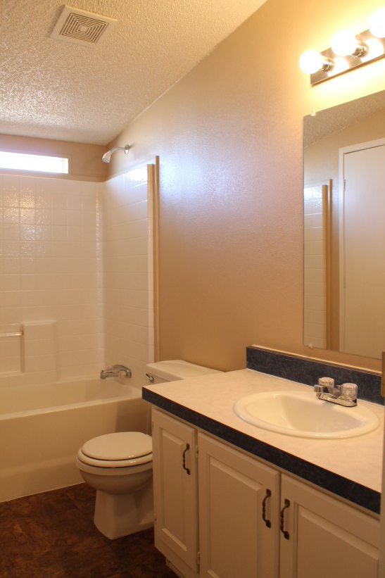 Bathroom With A Shower And Tub, Toilet, And White Cabinets With A White And Blue Counter Top.