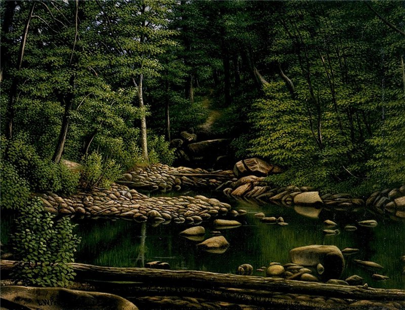 Painting Of A River In The Woods.
