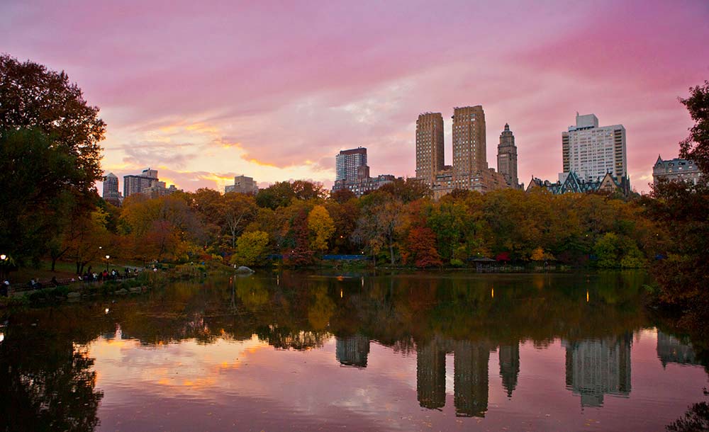 Central Park At Sunset Looking Over A Pond At Fall Foliage.