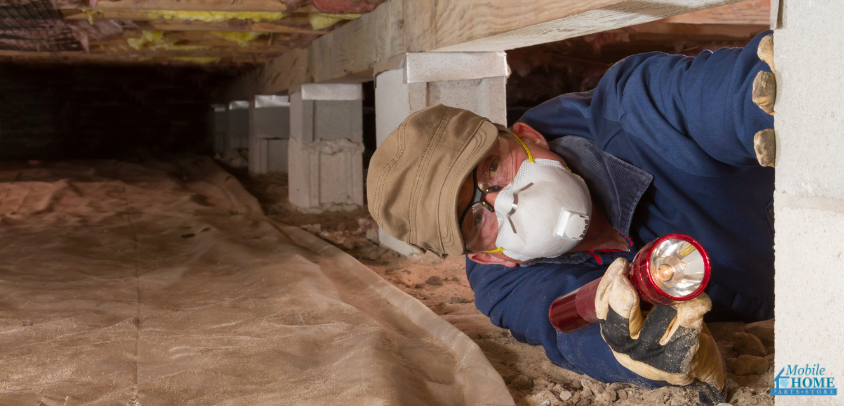 a man looking into a mobile home crawl space