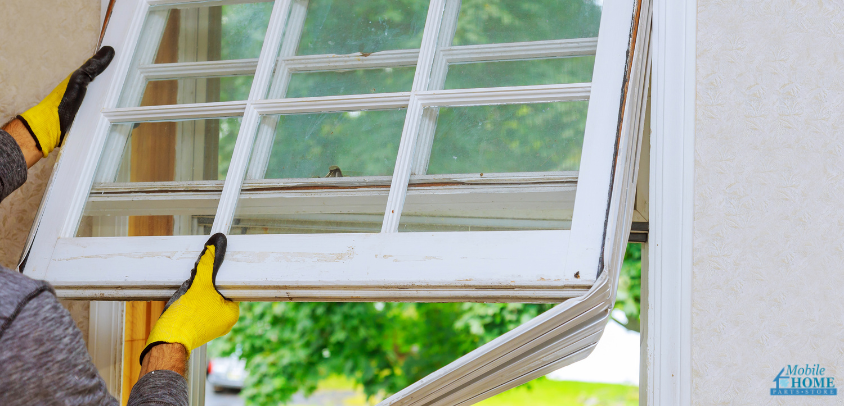 making a mobile home repair on a window